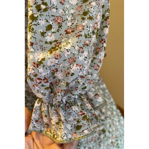 Peasant Blouse Plus Size 2XL Green Print Top Ruffle Elastic Sleeve V Neck Soft - Picture 3 of 8